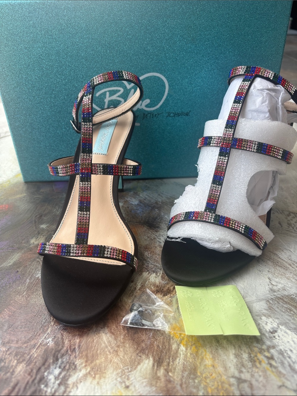 Betsey Johnson Black Sandals with Multicolor Crystal Straps